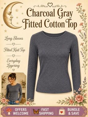One Step Up Charcoal Gray Long Sleeve Top 100% Cotton Fitted Small